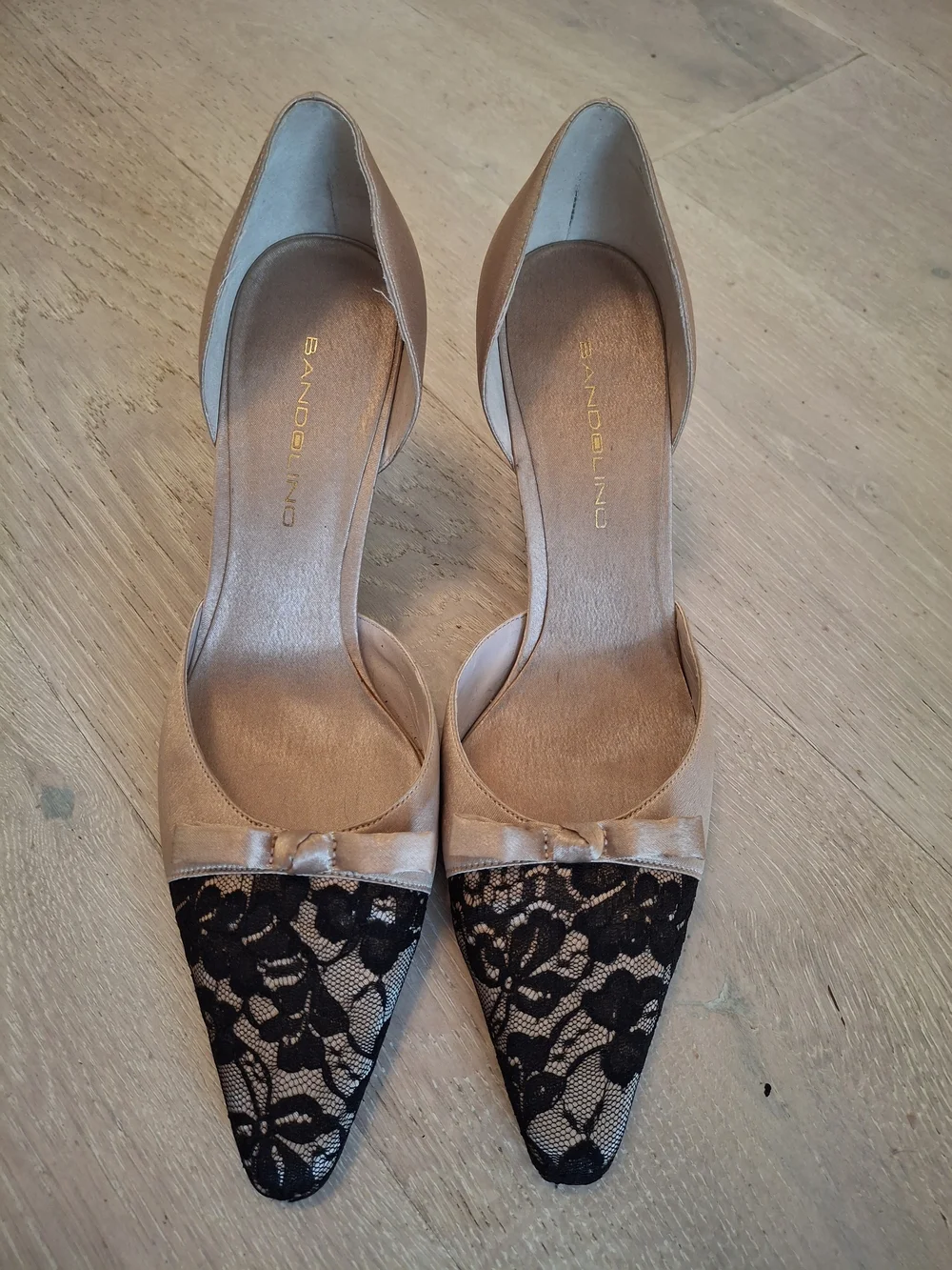 Bandolino Champagne Satin D'Orsay Heels with Black Lace Pointed Toe